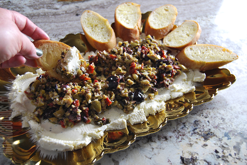 Boursin and Olive Tapenade Cip being served with crusty garlic bread