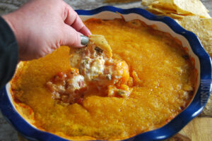 cheesy peach salsa dip served with a tortilla chip