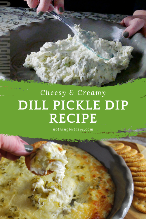 Cheesy and Creamy dill pickle dip.  Top image is base layer being spread into pie plate and bottom image is finished dip being served on a cracker. 