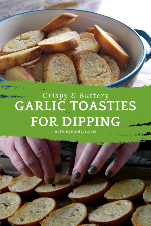 Garlic toasties heaped in a bowl in top image and bottom image is of garlic being rubbed on toast pieces 