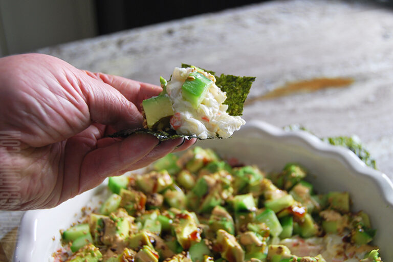easy sushi dip served on a seaweed snack wrapper