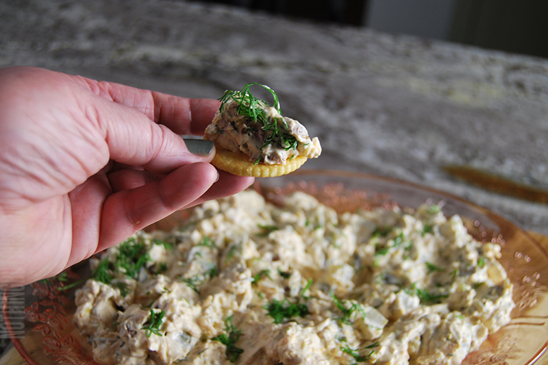bacon cheddar pickle dip served on a cracker