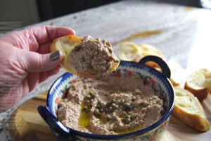 Tuscan olive puree dip served on garlic bread toastie