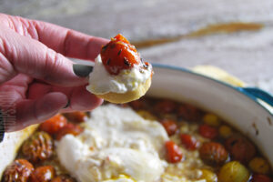 roasted tomato and burrata dip served on a cracker