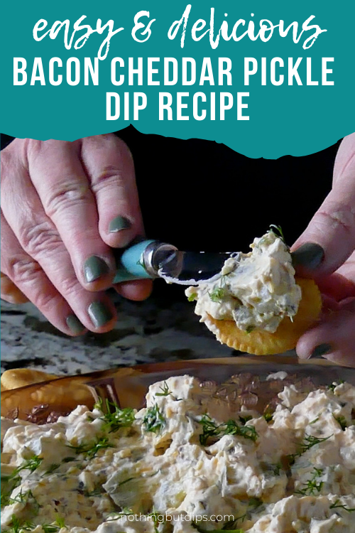 bacon cheddar pickle dip served on a cracker