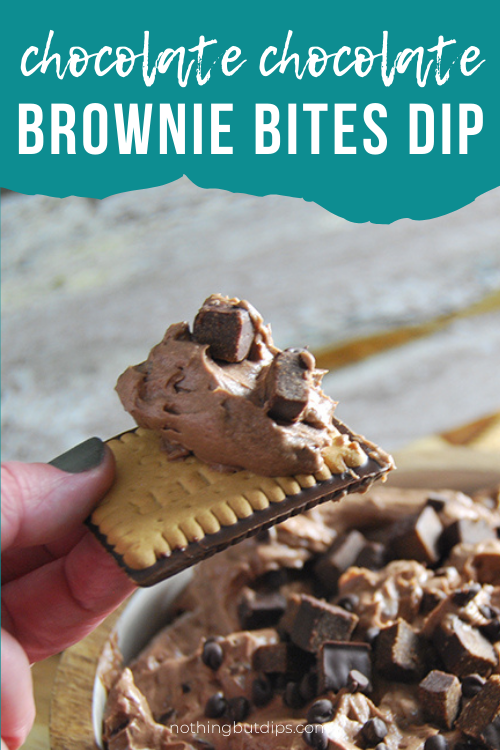Chocolatey brownie bits dip served on a wafer cookie