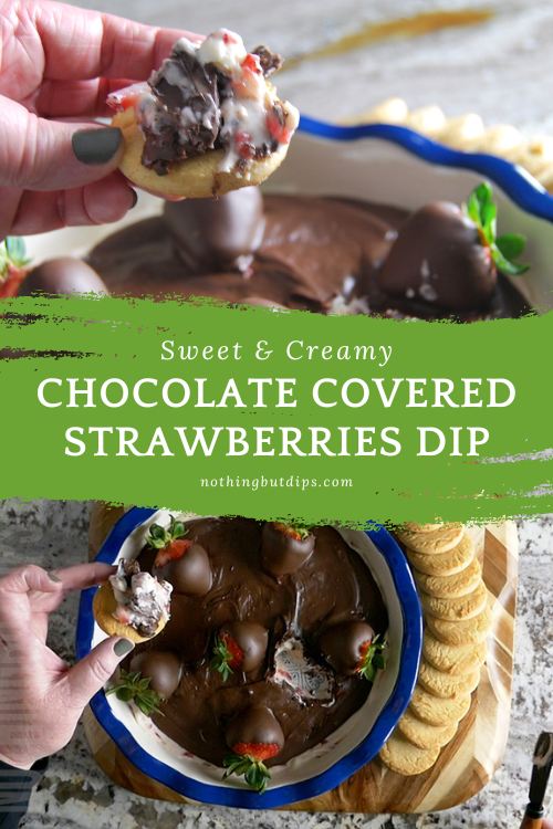 sweet and creamy chocolate covered strawberries dip served on a shortbread cookie