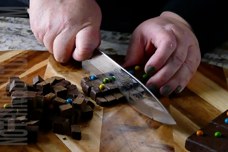 chopping brownies into small bites