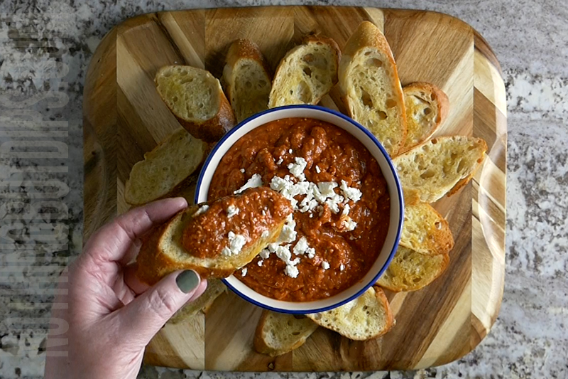 Roasted Red Pepper Dip Whip served with garlic toast
