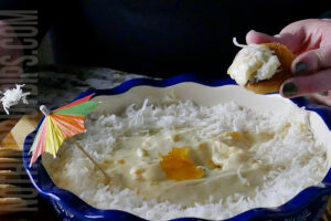 easy pina colada dip served on a cookie