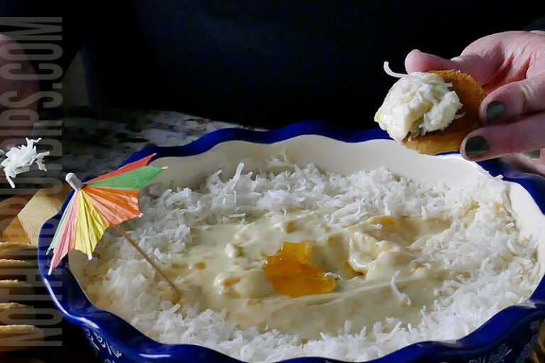 easy pina colada dip served on a cookie