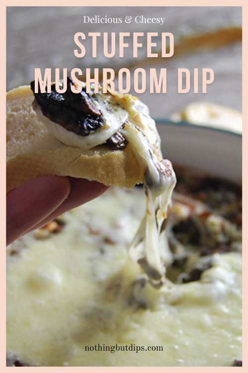 Stuffed mushroom dip with melty mozzarella cheese served on toasty bread