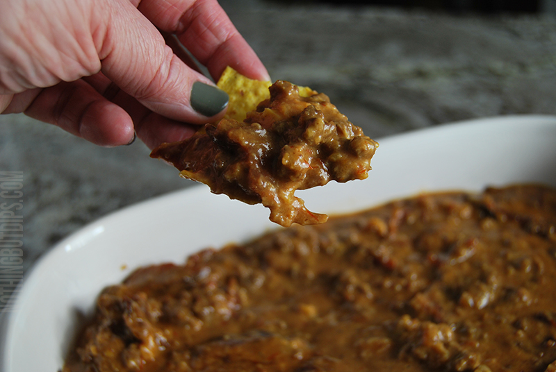 sweet and sour beef and cheese dip (aka put a ring on it cheese dip) served on a tortilla
