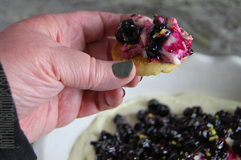 creamy blueberry and lemon dip being served on a shortbread cookie