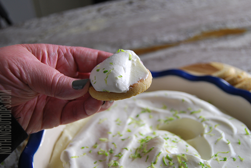creamy key lime pie dip served on a shortbread cookie
