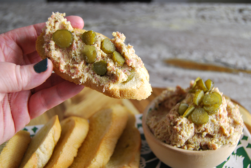Easy smoked salami and cheese pate served on garlic toast 
