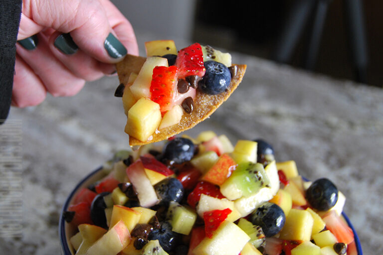 Fruit salsa served on a homemade cinnamon sugar chip