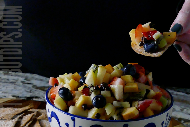 Fruit salsa served on a homemade cinnamon sugar chip