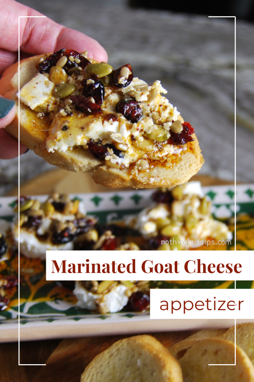 easy and delicious marinated goat cheese dip served on a garlic toastie