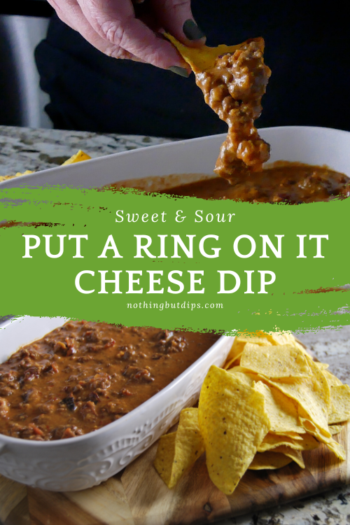 sweet and sour beef and cheese dip (aka put a ring on it cheese dip) served on a tortilla