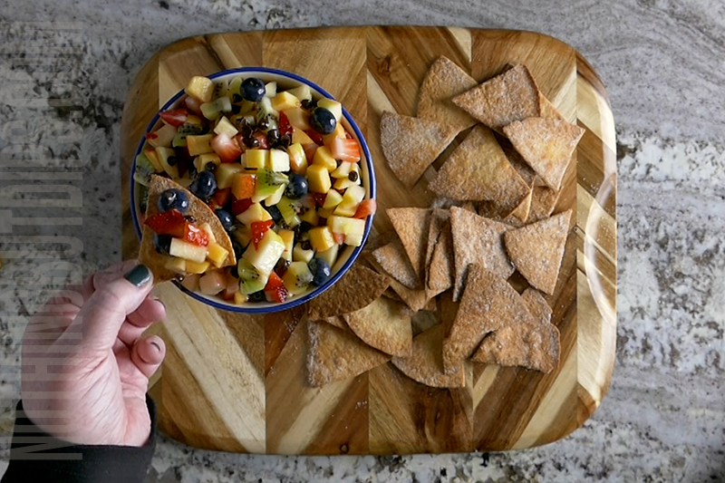 Fruit salsa served on a homemade cinnamon sugar chip