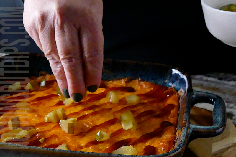 add shredded pieces of dill pickle to the bbq chicken dip