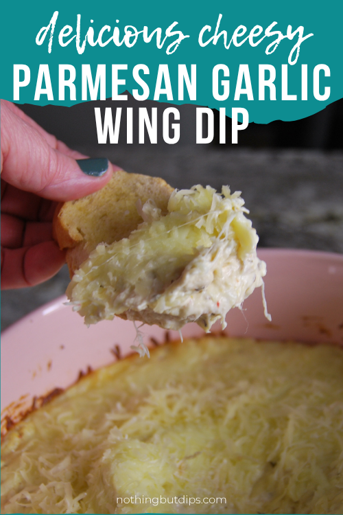 Easy potluck dish parmesan garlic wing dip served on garlic bread toast