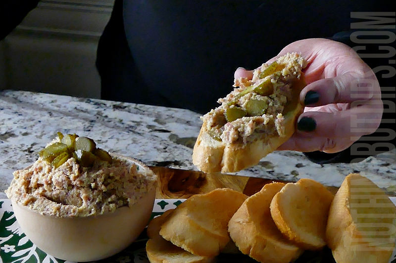 Easy smoked salami and cheese pate served on garlic toast