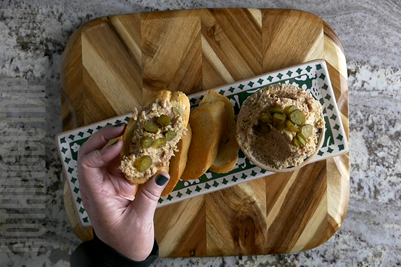 Easy smoked salami and cheese pate served on garlic toast