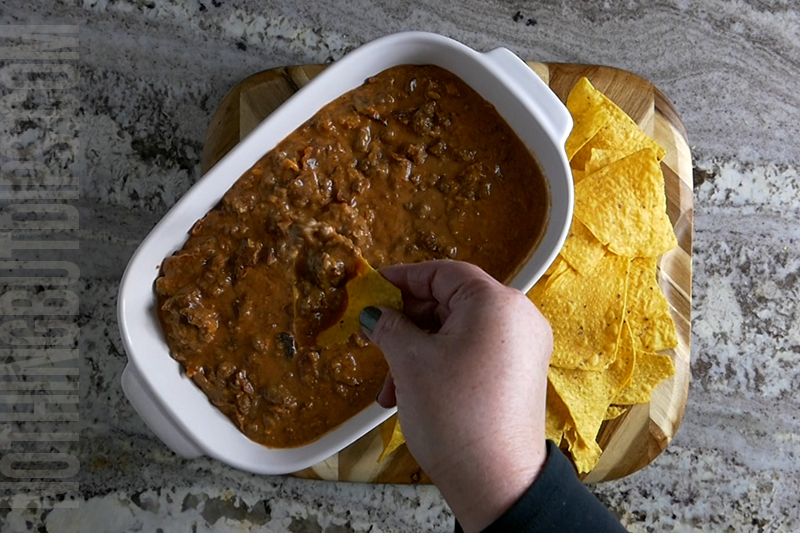 sweet and sour beef and cheese dip (aka put a ring on it cheese dip) served on a tortilla