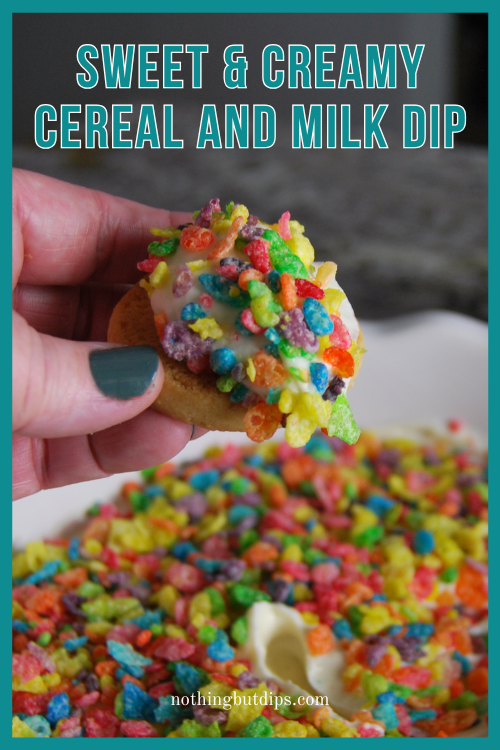 easy cereal and milk dip made with Fruity Pebbles served on a shortbread cookie
