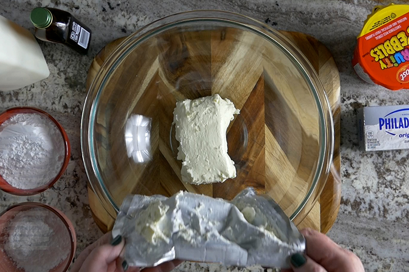 add cream cheese to the bowl to make cereal and milk dip