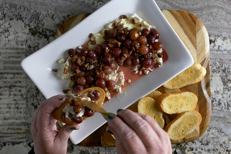 easy appetizer roasted grapes on boursin cheese served on garlic toast