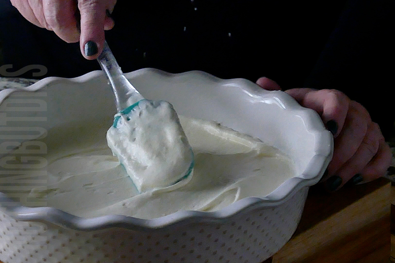 spread the creamy mixture in the pie plate to form the base of the cereal and milk dip