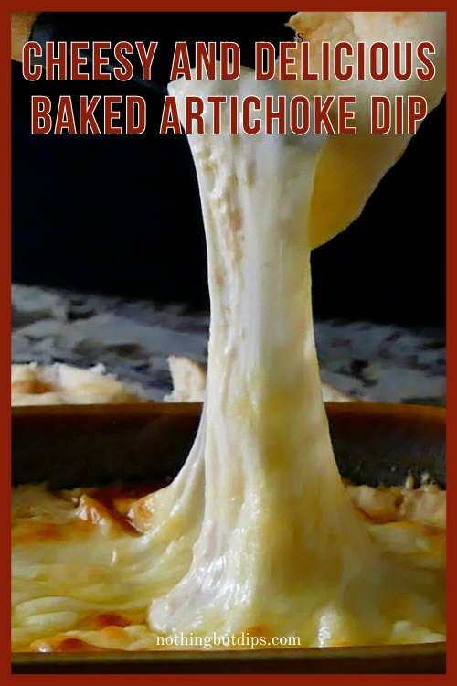 easy baked artichoke dip with melty provolone cheese served on pita
