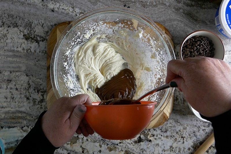 adding melted chocolate to the batter when creating chocolate espresso dip