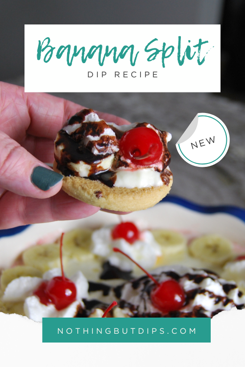 easy banana split dip dessert recipe served on a cookie and topped with a cherry