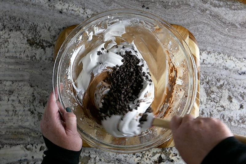 folding mini chocolate chips into the chocolate espresso dip batter