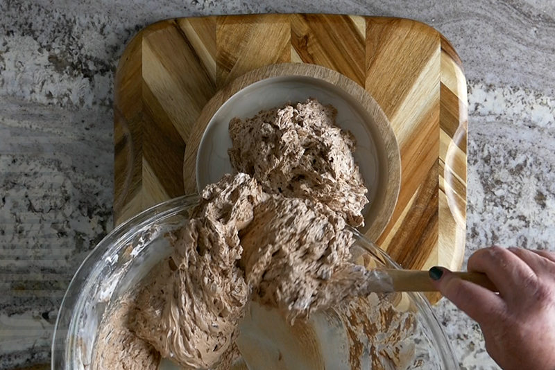 transferring the chocolate espresso dip to a serving dish