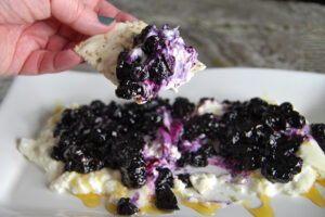Tasty Burrata with Blueberries Appetizer Dip served on a cracker