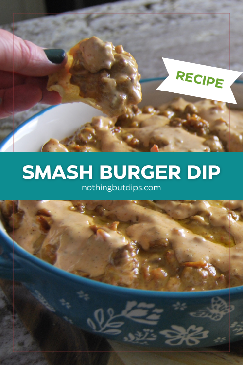 crockpot smash burger dip served on a tortilla chip 