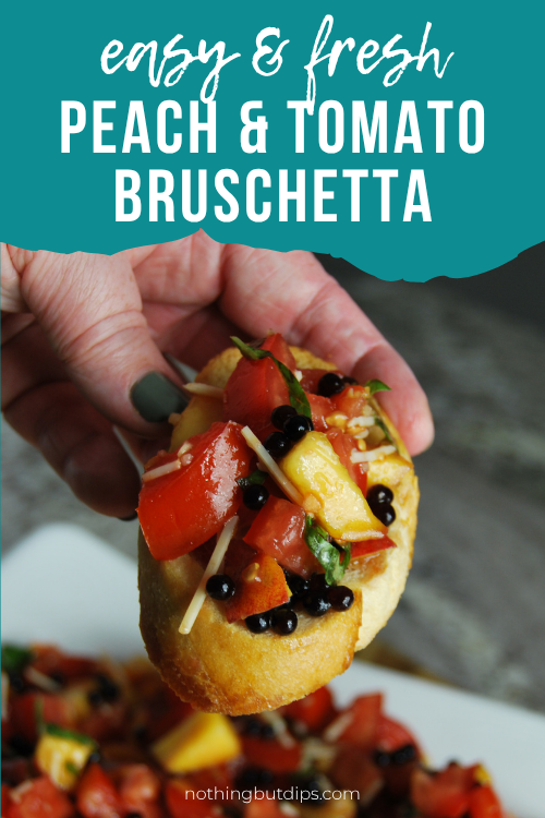 Easy Homemade Fresh Peach and Tomato Bruschetta served on garlic toast