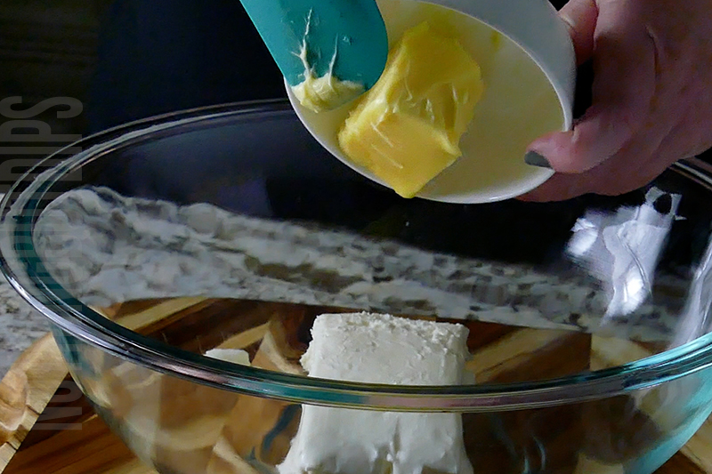 adding softened butter to the base of the strawberry pretzel salad dip