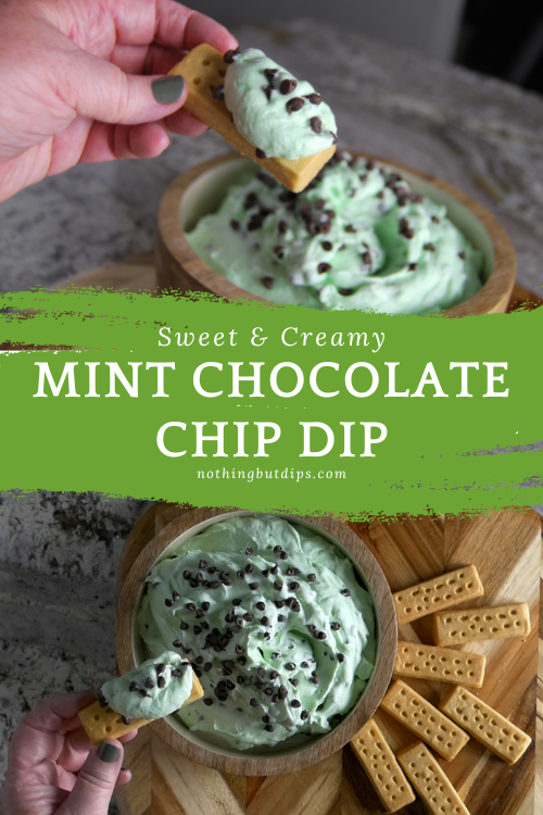creamy mint chocolate chip dip recipe served on a cookie