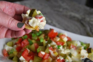easy deviled egg dip served on a cracker