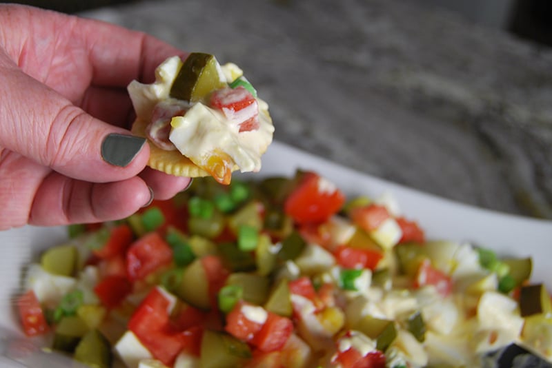 easy deviled egg dip served on a cracker