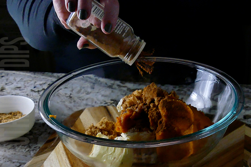 adding cinnamon to the ingredients to make pumpkin cheesecake dip
