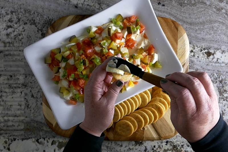 easy deviled egg dip served on a cracker